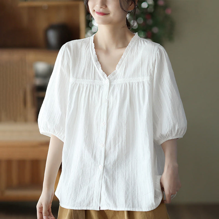 Buddha Stones Women's Pure White Lace V-neck Design Half Sleeve Cotton Shirt - image 8