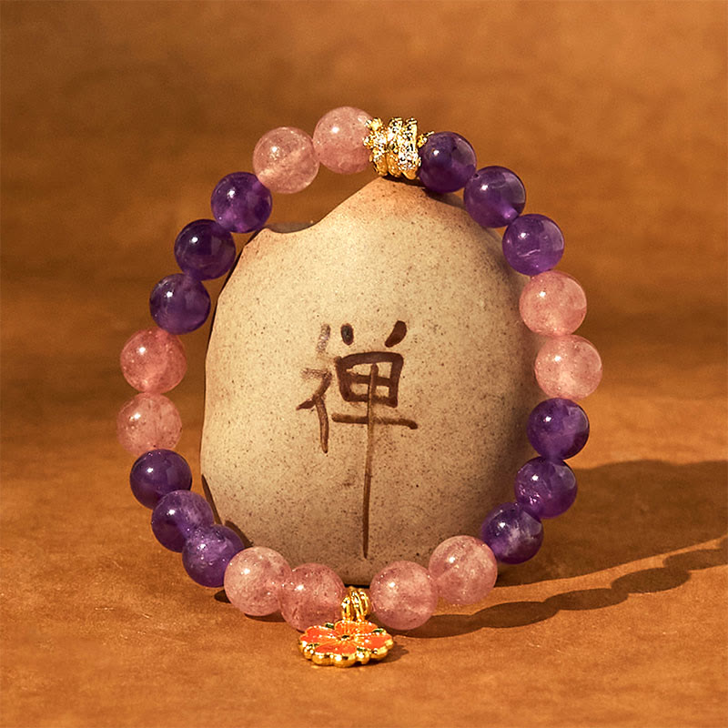 Buddha Stones Year of the Snake Amethyst Strawberry Quartz Flower Charm Healing Bracelet