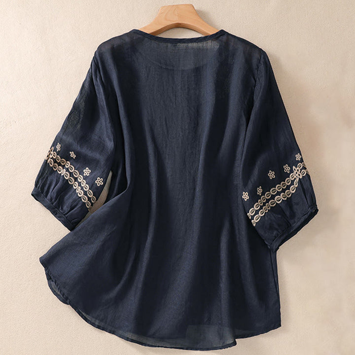 Buddha Stones Women's Crew Neck Hollow Design Half Sleeve Cotton Linen Shirt