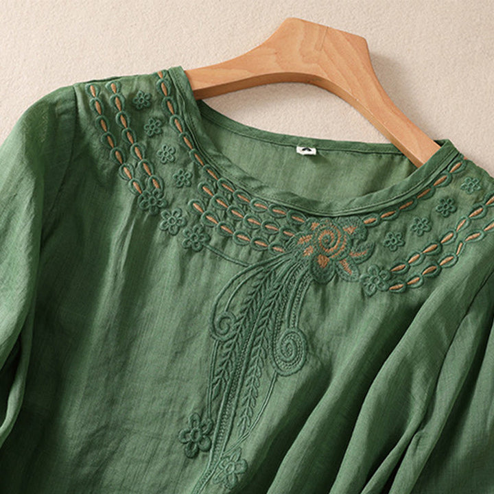 Buddha Stones Women's Crew Neck Hollow Design Half Sleeve Cotton Linen Shirt - image 21