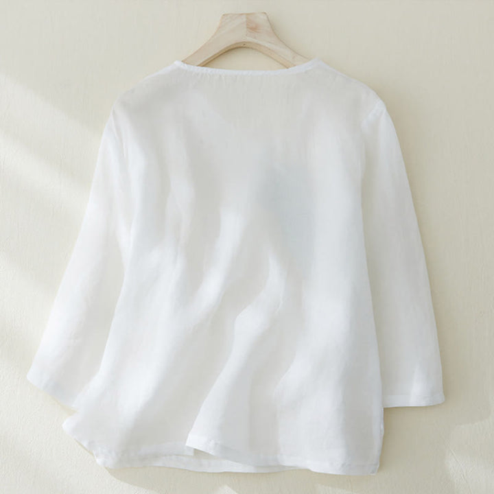 Buddha Stones Casual Women's Embroidery Plants Design Three Quarter Sleeve Cotton Linen Shirt - image 9