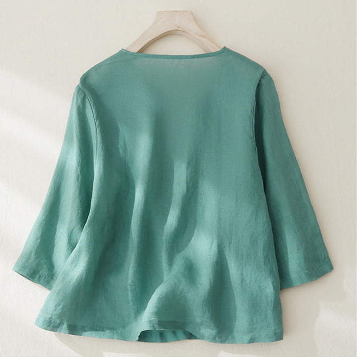 Buddha Stones Casual Women's Embroidery Plants Design Three Quarter Sleeve Cotton Linen Shirt - image 22