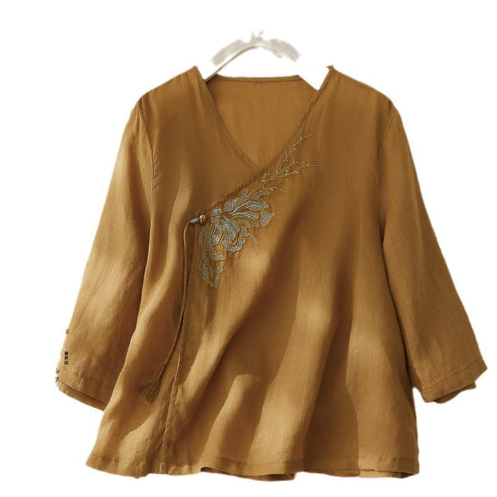 Buddha Stones Casual Women's Embroidery Plants Design Three Quarter Sleeve Cotton Linen Shirt - Orange - US8-10，UK/AU12-14，EU40-42 (2XL) - image 14