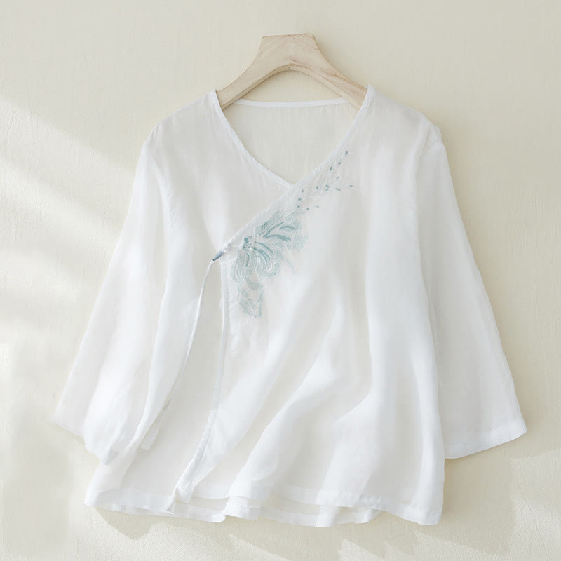 Buddha Stones Casual Women's Embroidery Plants Design Three Quarter Sleeve Cotton Linen Shirt - White - US8-10，UK/AU12-14，EU40-42 (2XL) - image 8