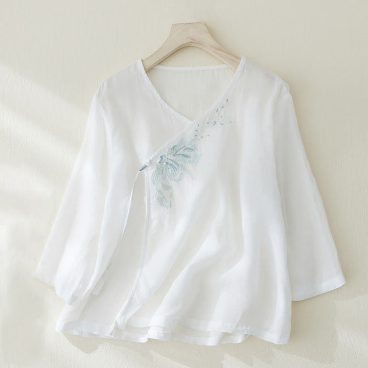 Buddha Stones Casual Women's Embroidery Plants Design Three Quarter Sleeve Cotton Linen Shirt - White - US8-10，UK/AU12-14，EU40-42 (2XL) - image 8
