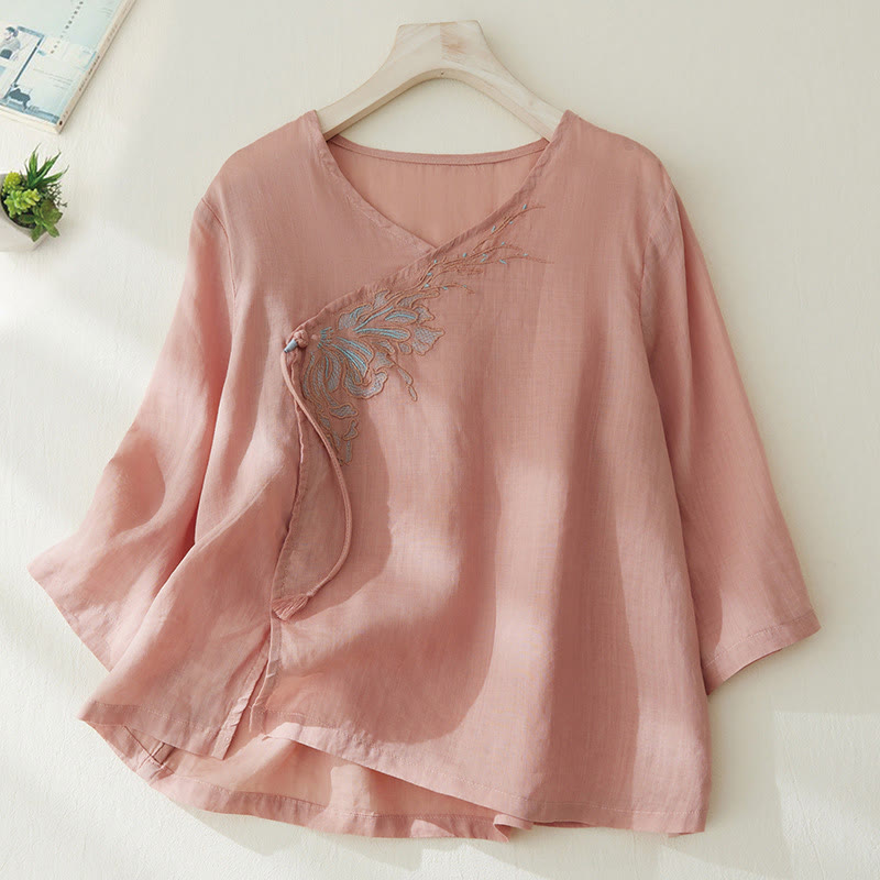 Buddha Stones Casual Women's Embroidery Plants Design Three Quarter Sleeve Cotton Linen Shirt - MistyRose - US8-10，UK/AU12-14，EU40-42 (2XL) - image 1