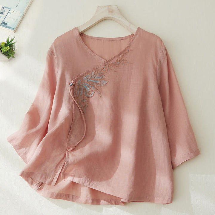 Buddha Stones Casual Women's Embroidery Plants Design Three Quarter Sleeve Cotton Linen Shirt - MistyRose - US8-10，UK/AU12-14，EU40-42 (2XL) - image 1