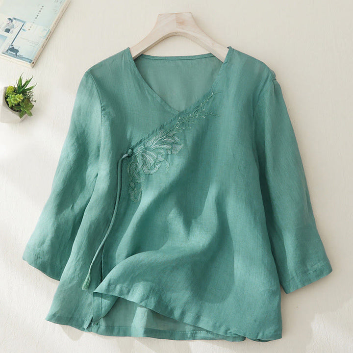 Buddha Stones Casual Women's Embroidery Plants Design Three Quarter Sleeve Cotton Linen Shirt - LightSeaGreen - US8-10，UK/AU12-14，EU40-42 (2XL) - image 21
