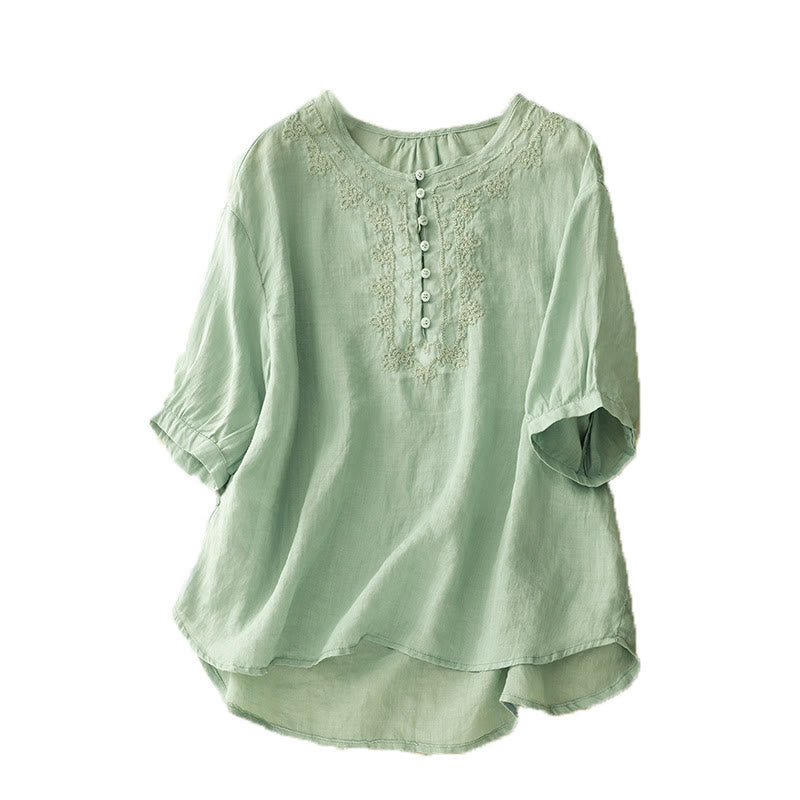 Buddha Stones Casual Women's Plain Frog Buckle Design Half Sleeve Cotton Linen Shirt - image 20