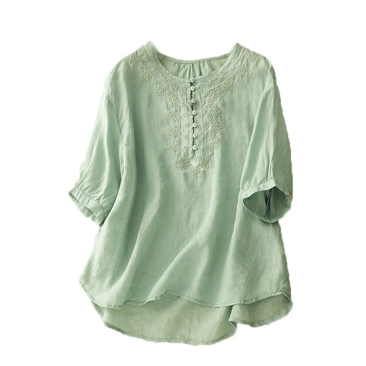 Buddha Stones Casual Women's Plain Frog Buckle Design Half Sleeve Cotton Linen Shirt - image 20