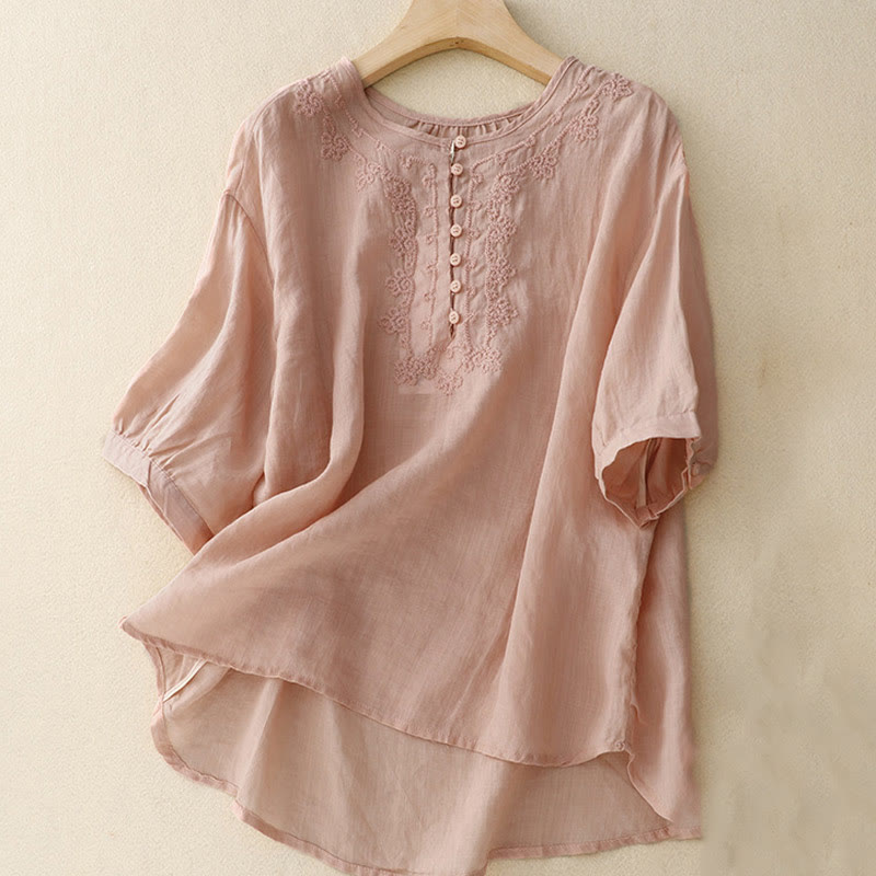 Buddha Stones Casual Women's Plain Frog Buckle Design Half Sleeve Cotton Linen Shirt - Pink - US8-10，UK/AU12-14，EU40-42 (2XL) - image 0