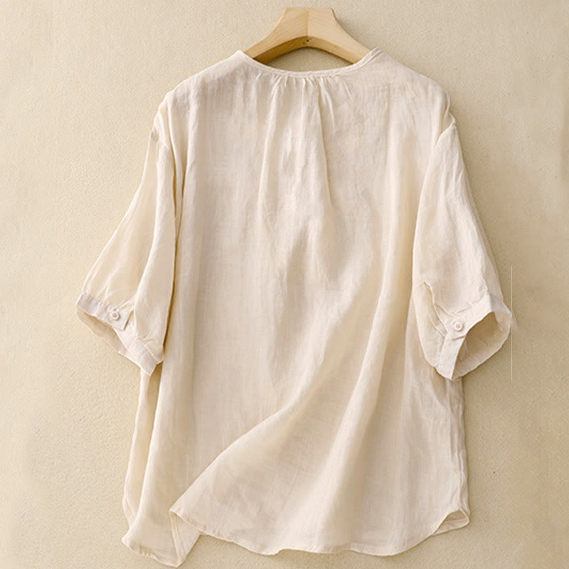 Buddha Stones Casual Women's Plain Frog Buckle Design Half Sleeve Cotton Linen Shirt - image 7