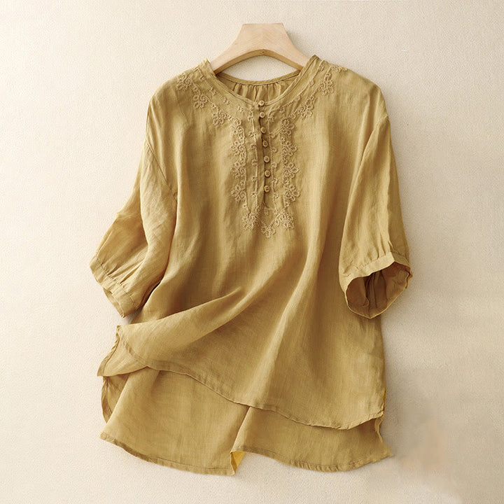 Buddha Stones Casual Women's Plain Frog Buckle Design Half Sleeve Cotton Linen Shirt - Goldenrod - US8-10，UK/AU12-14，EU40-42 (2XL) - image 13