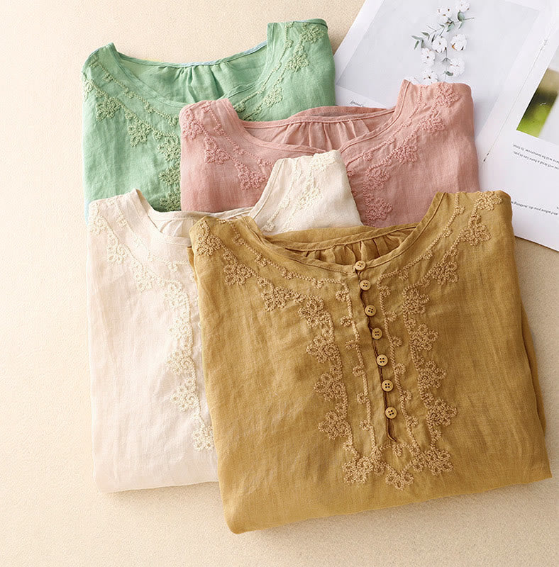 Buddha Stones Casual Women's Plain Frog Buckle Design Half Sleeve Cotton Linen Shirt - image 26