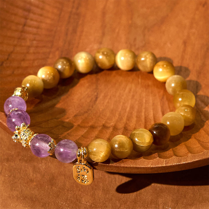 Buddha Stones Year of the Snake Tiger Eye Amethyst Fu Character Strength Bracelet