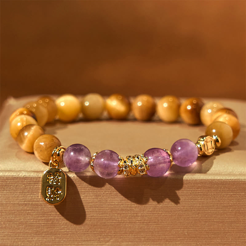 Buddha Stones Year of the Snake Tiger Eye Amethyst Fu Character Strength Bracelet