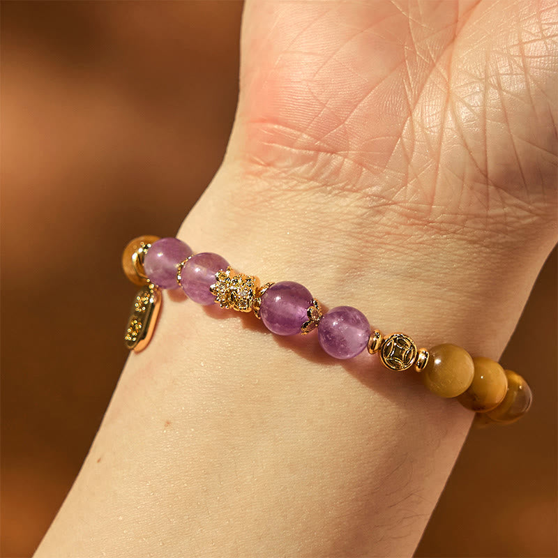 Buddha Stones Year of the Snake Tiger Eye Amethyst Fu Character Strength Bracelet