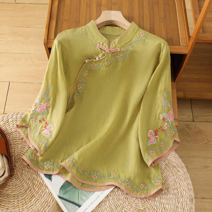 Buddha Stones Casual Women's Embroidered Flower Stand Collar Design Three Quarter Sleeve Cotton Linen Shirt