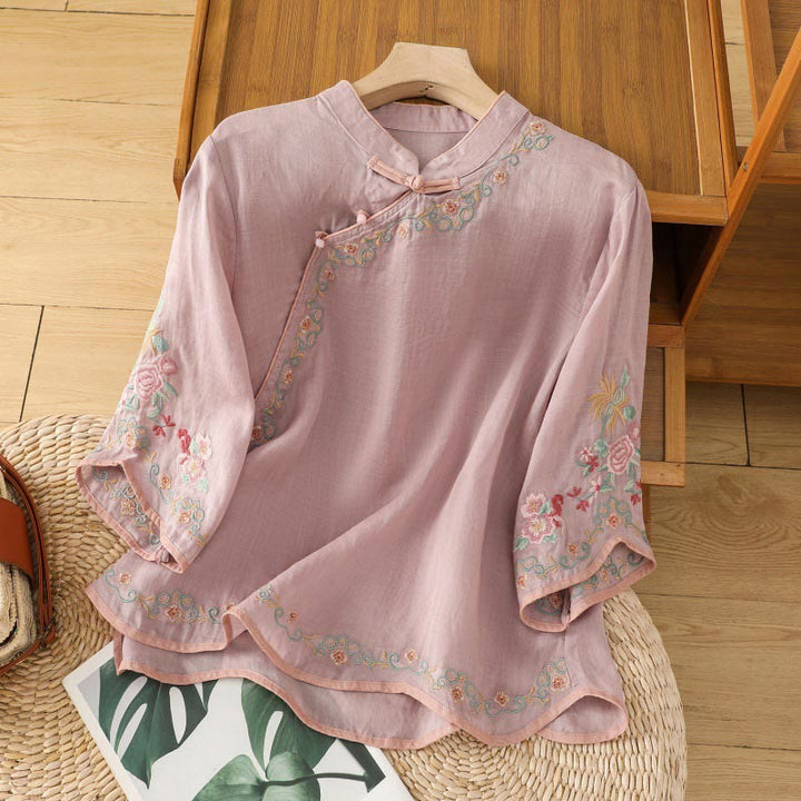 Buddha Stones Casual Women's Embroidered Flower Stand Collar Design Three Quarter Sleeve Cotton Linen Shirt