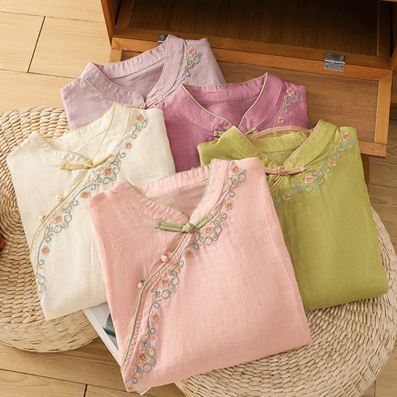 Buddha Stones Casual Women's Embroidered Flower Stand Collar Design Three Quarter Sleeve Cotton Linen Shirt - image 19