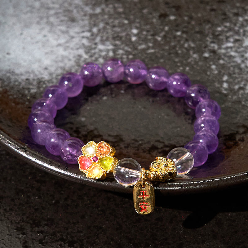 Buddha Stones Natural Amethyst White Crystal Flower Healing Safe And Well Charm Bracelet