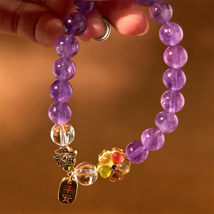 Buddha Stones Natural Amethyst White Crystal Flower Healing Safe And Well Charm Bracelet - image 7