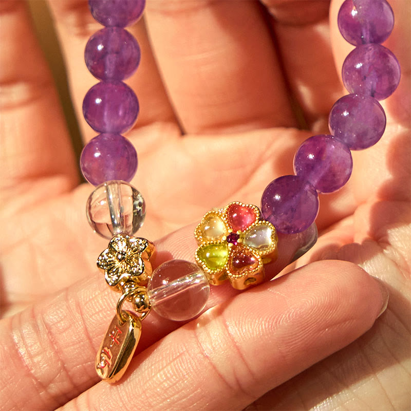 Buddha Stones Natural Amethyst White Crystal Flower Healing Safe And Well Charm Bracelet - image 8