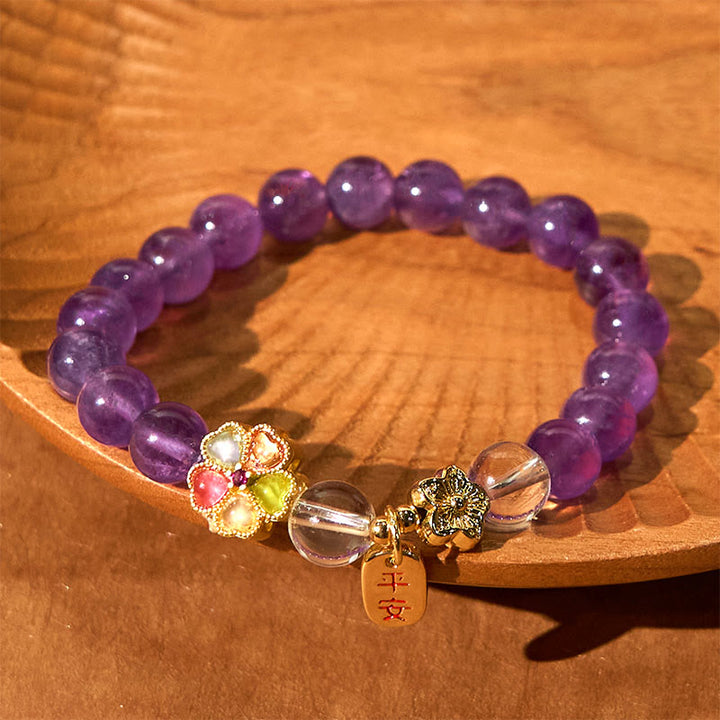 Buddha Stones Natural Amethyst White Crystal Flower Healing Safe And Well Charm Bracelet