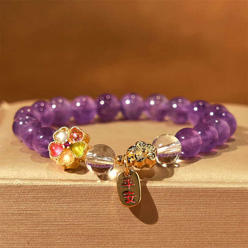 Buddha Stones Natural Amethyst White Crystal Flower Healing Safe And Well Charm Bracelet - Amethyst(Wrist Circumference: 14-17cm) - image 0