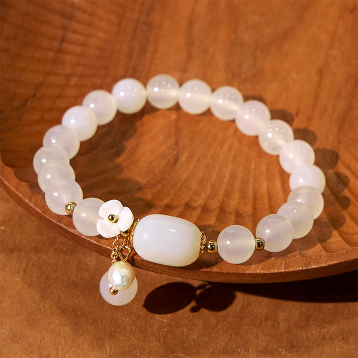 Buddha Stones White Agate Pearl Flower Luck Bracelet