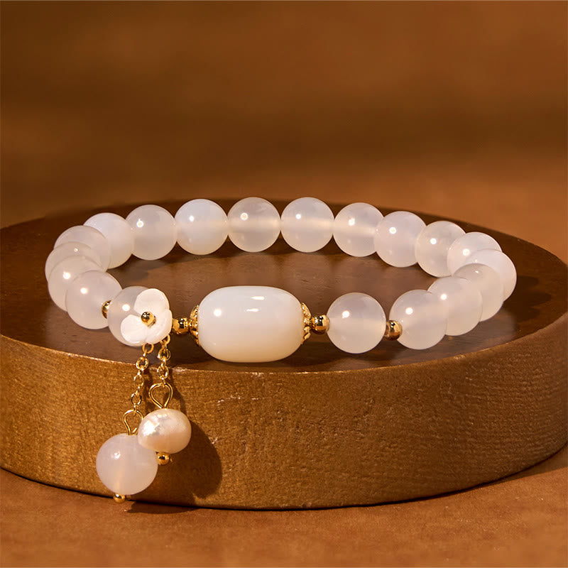 Buddha Stones White Agate Pearl Flower Luck Bracelet