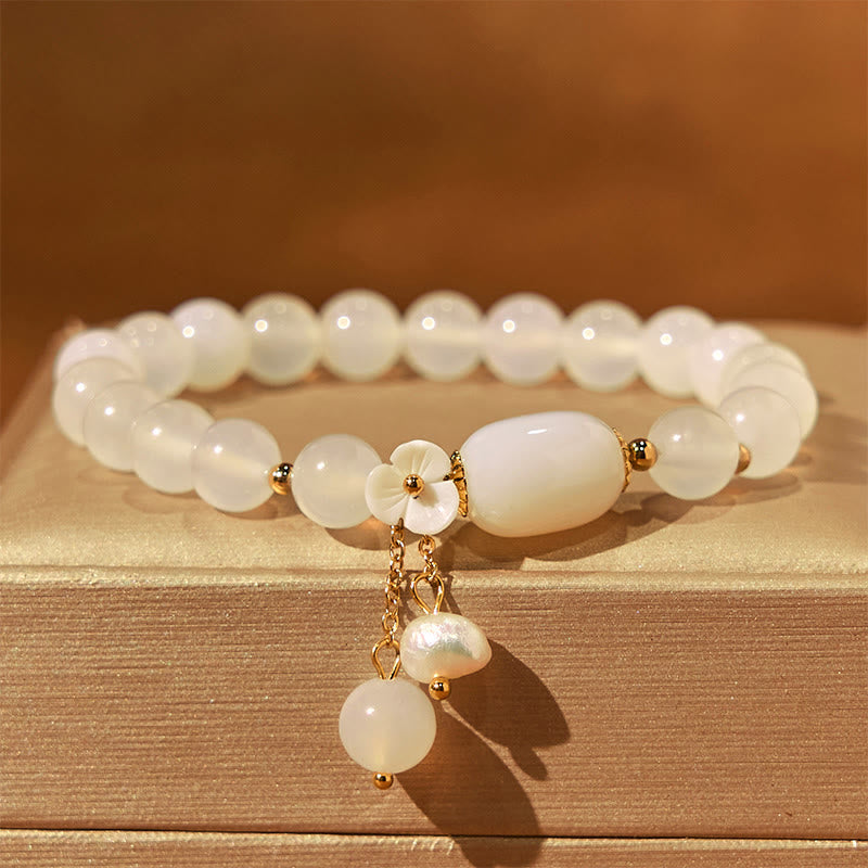 Buddha Stones White Agate Pearl Flower Luck Bracelet