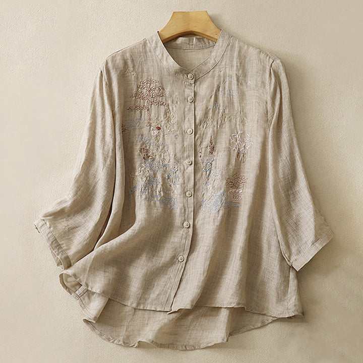 Buddha Stones Casual Embroidered Plant Stand Collar Design Three Quarter Sleeve Women's Cotton Linen Shirt - Tan - US8-10，UK/AU12-14，EU40-42 (2XL) - image 12