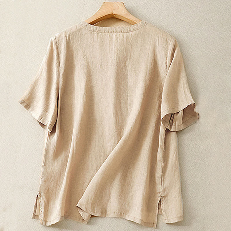 Buddha Stones Casual Women's Embroidered Flower V-neck Design Loose Half Sleeve Cotton Linen Shirt - image 13