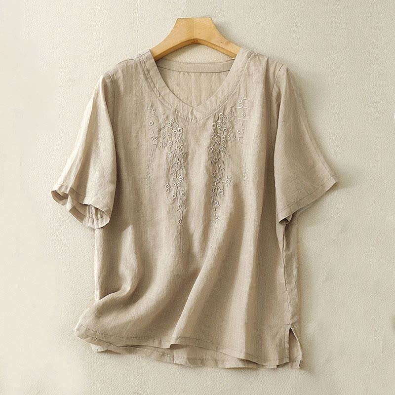 Buddha Stones Casual Women's Embroidered Flower V-neck Design Loose Half Sleeve Cotton Linen Shirt - Tan - US8-10，UK/AU12-14，EU40-42 (2XL) - image 12