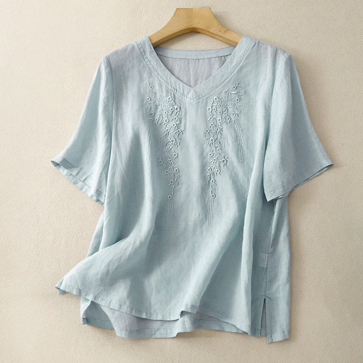 Buddha Stones Casual Women's Embroidered Flower V-neck Design Loose Half Sleeve Shirt - LightBlue - US8-10，UK/AU12-14，EU40-42 (2XL) - image 21