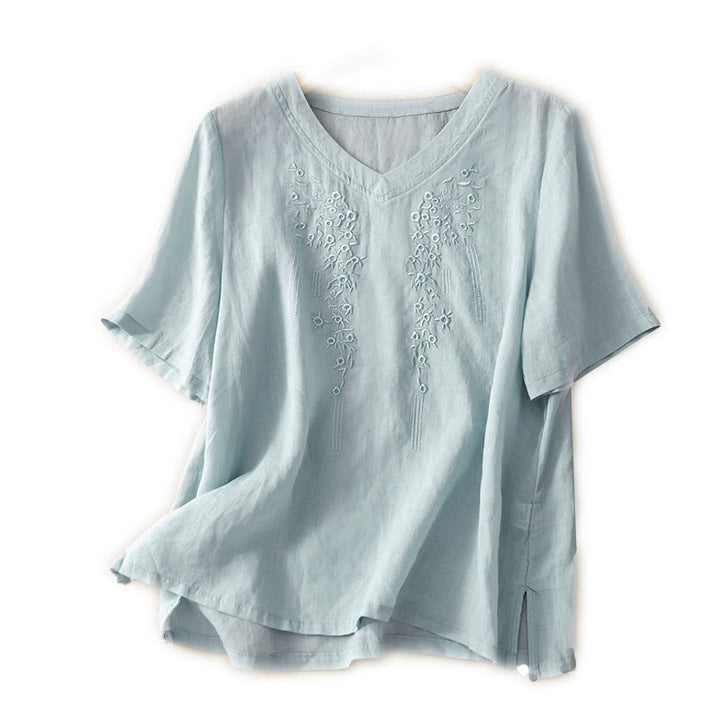 Buddha Stones Casual Women's Embroidered Flower V-neck Design Loose Half Sleeve Shirt - image 22