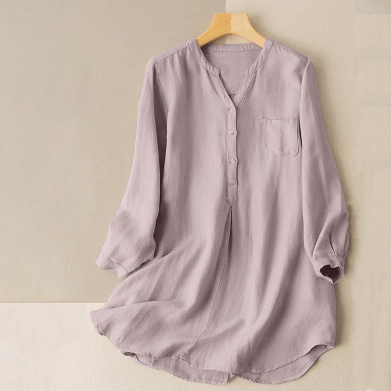Buddha Stones Casual Women's V-neck Long Sleeve Design Three Buttons Polyester Shirt - Thistle - US12，UK/AU16，EU44 (4XL-5XL) - image 0