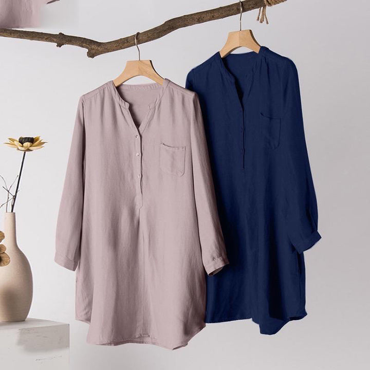 Buddha Stones Casual Women's V-neck Long Sleeve Design Three Buttons Polyester Shirt - image 6