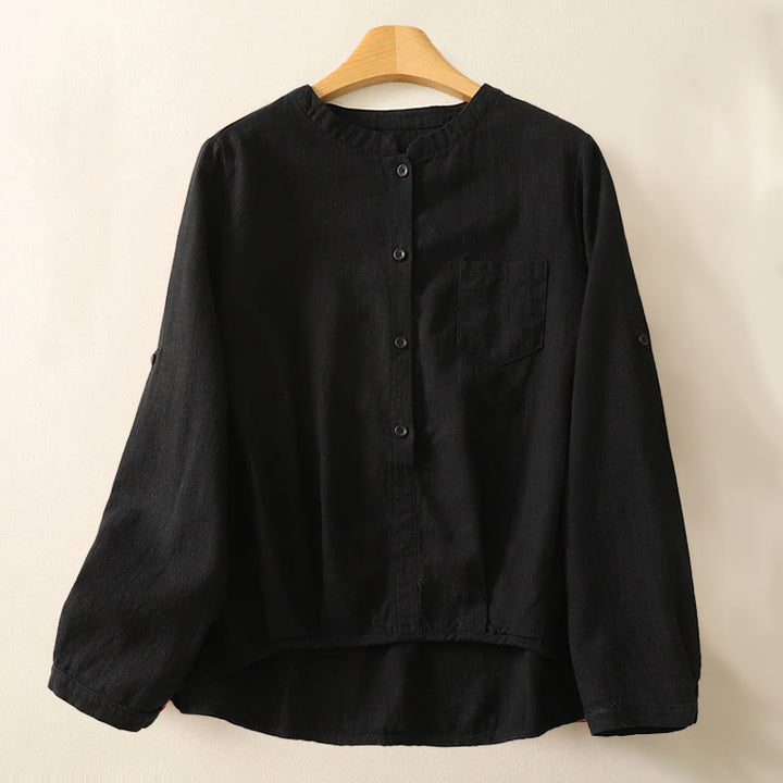 Buddha Stones Casual Women's Loose Standing Collar Long Sleeve Design Plain Cotton Linen Shirt