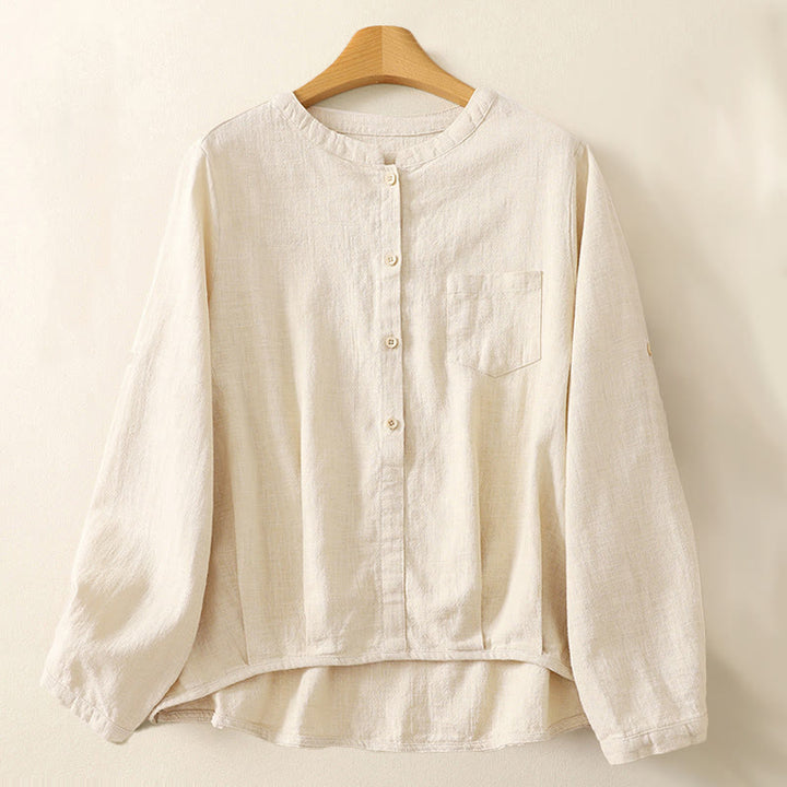 Buddha Stones Casual Women's Loose Standing Collar Long Sleeve Design Plain Cotton Linen Shirt - Linen - US8-10，UK/AU12-14，EU40-42 (2XL) - image 4
