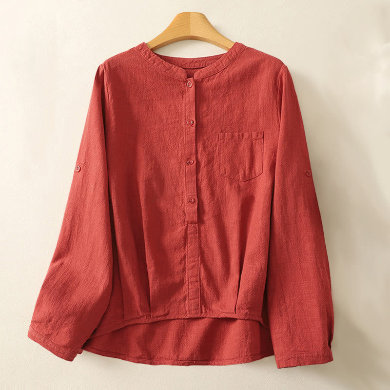 Buddha Stones Casual Women's Loose Standing Collar Long Sleeve Design Plain Cotton Linen Shirt - FireBrick - US8-10，UK/AU12-14，EU40-42 (2XL) - image 0