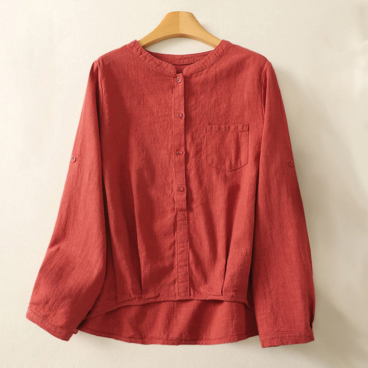 Buddha Stones Casual Women's Loose Standing Collar Long Sleeve Design Plain Cotton Linen Shirt - FireBrick - US8-10，UK/AU12-14，EU40-42 (2XL) - image 0