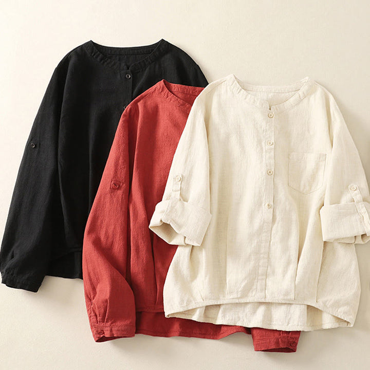 Buddha Stones Casual Women's Loose Standing Collar Long Sleeve Design Plain Cotton Linen Shirt