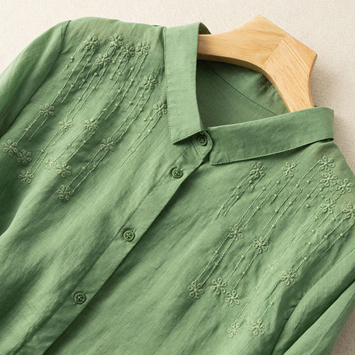 Buddha Stones Casual Women's Embroidery Standing Collar Half Sleeve Design Cotton Linen Shirt - image 3