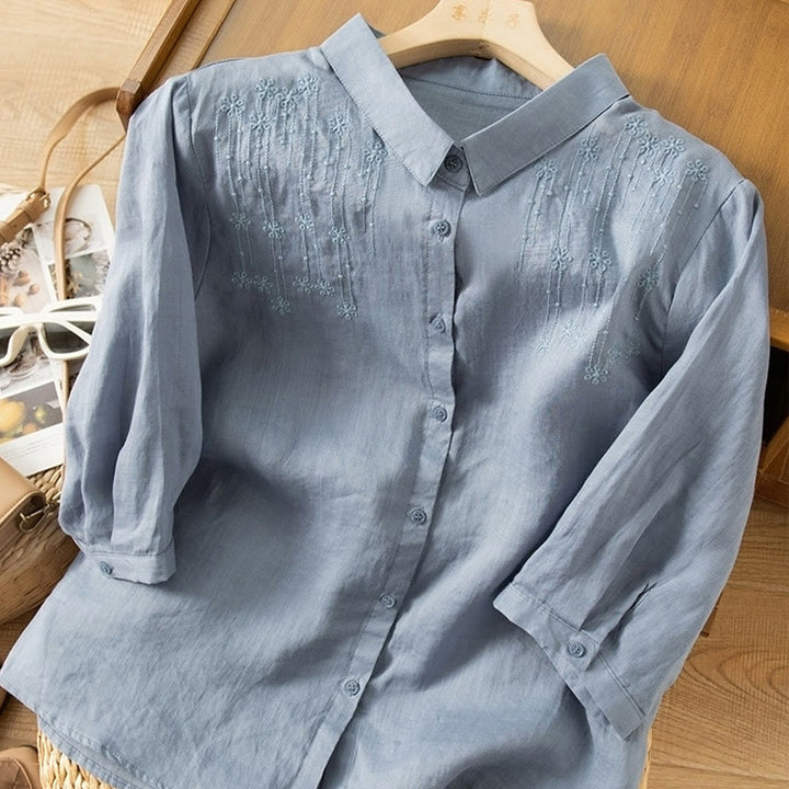 Buddha Stones Casual Women's Embroidery Standing Collar Half Sleeve Design Shirt - image 11