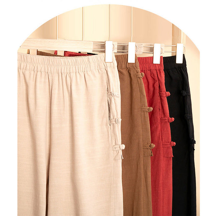 Buddha Stones Casual Frog-button Plain Women's Cotton Linen Pants With Pockets