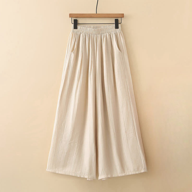 Buddha Stones Casual Plain Cotton Linen Elastic Waist Wide Leg Pants With Pockets