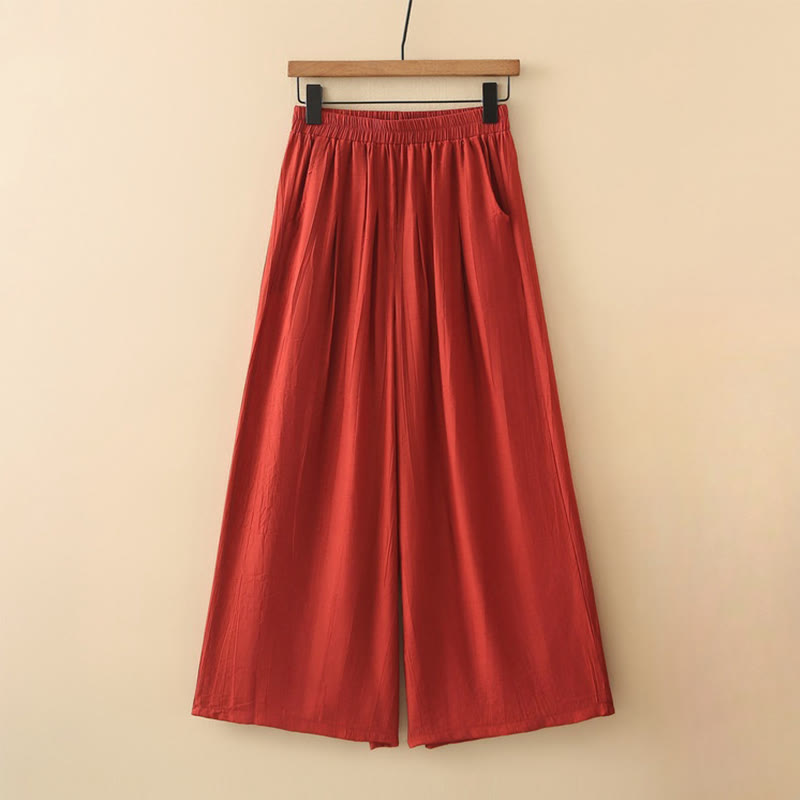 Buddha Stones Casual Plain Cotton Linen Elastic Waist Wide Leg Pants With Pockets