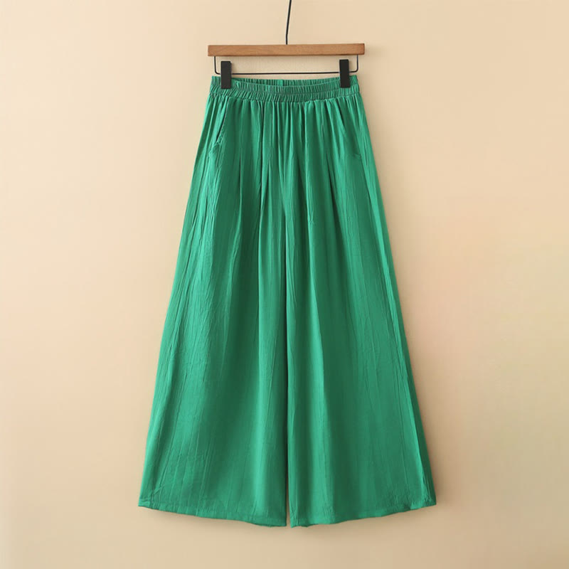 Buddha Stones Casual Plain Cotton Linen Elastic Waist Wide Leg Pants With Pockets